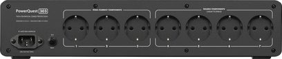 Audioquest PowerQuest 303 strømforsyning med 7 højintensitets Schuko-stik og 4 lineære Schuko-stik, set forfra