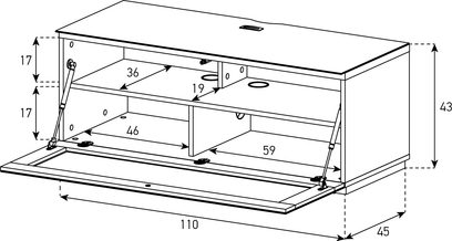 Sort Sonorous Studio STA110I-BLK-BLK TV-møbel set ovenfra, teknisk tegning med mål i centimeter