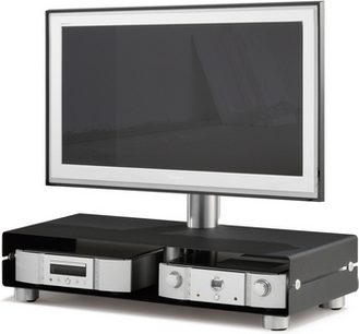 Sort og sølvfarvet TV-møbel Spectral Curve QX111, set forfra, med to skuffer og to åbne rum