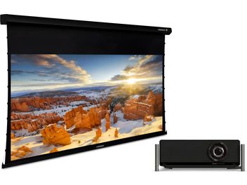 Schwarze motorisierte Projektionsleinwand mit Panoramabild und schwarzem Videoprojektor unten rechts