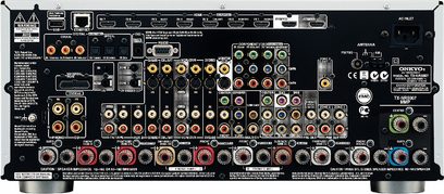 Onkyo TX-NR5007 audio-video forstærker, frontvisning, mange stik og knapper på sort og sølvfarvet frontpanel
