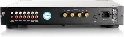 Rega Elex-R sort stereo hi-fi-forstærker, set forfra. Sort front med knapper, stik og flerfarvet lys