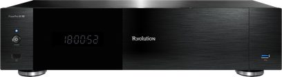 Mediální přehrávač R_volution Play Pro 8K TV černý z broušeného kovu, čelní pohled se středovým displejem a USB portem