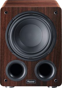 Subwoofer Alpha RS 8 mocca cu fațadă din lemn închis la culoare, difuzor central circular negru, 2 orificii rotunde inferioare