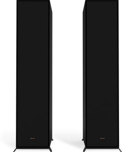 İki adet siyah Klipsch R-800F kolon hoparlör, ön görünüş, beyaz fon üzerinde yan yana ve dikey olarak konumlandırılmış