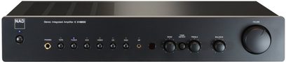 NAD C316BEE sort hi-fi stereoforstærker set forfra, knapper og stik på forsiden, volumenkontrol til højre