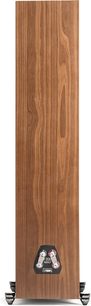 Cassa acustica a colonna Motion XT F200 noce vista posteriore con finitura in legno, morsettiera nera e rossa in basso, piedini metallici