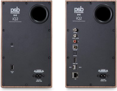 Coppia di diffusori connessi PSB iQ2 vista posteriore, finitura in legno, condotto circolare e connettori audio