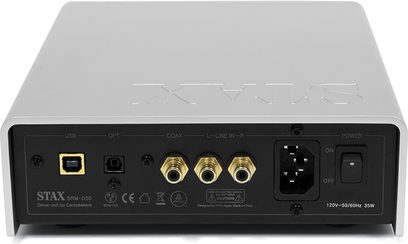 STAX SRM-D50 hovedtelefonforstærker, frontpanel, top view, mørk grå kabinet, stik og kontroller på forsiden