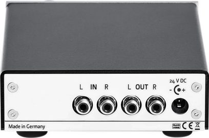 Lehmann Audio Drachenfels sort hovedtelefon-forstærker, frontvisning, 4 x 6,35 mm jackstik, 2 potentiometre, 1 LED, metalhus