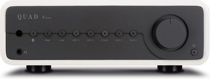 Ampli hi-fi stéréo Quad Vena laqué blanc, vue de face, 8 boutons rotatifs, prise casque, façade noire mate et blanche brillante
