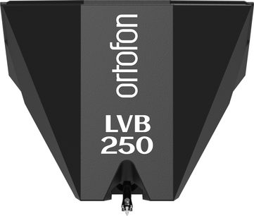 Gramodeska kazeta Ortofon 2MR black LVB 250, pohled ze spodní strany, matně černé tělo, bílý nápis "ortofon LVB 250"