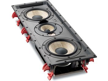 Tre diffusori da incasso a parete Focal 300 IWLCR6 a 3 vie, telaio grigio scuro, membrane beige, allineati verticalmente