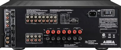 NAD T758 V3i grafitgrå hjemmebiografsforstærker, frontvisning, frontforbindelser og -betjeningselementer, blå skærm, 7 kanaler 60W