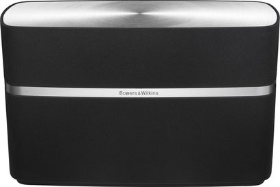 Trådløs, tilsluttet højttaler fra Bowers & Wilkins A5, set forfra, rektangulær sort form med sølvfarvet bånd, sort gitter