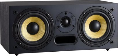 Centrální reproduktor Davis Acoustics Ariane C černý, dřevo, pohled ze tří čtvrtin, dva žluté woofery, centrální tweeter, přední bass reflex