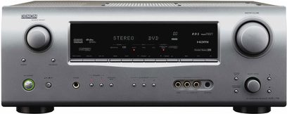 Denon AVR-1709 metalgrå hjemmebiografsforstærker, frontpanel, frontvisning, med knapper, drejeknapper, display og stik