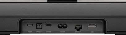 Bowers & Wilkins Panorama 3 dark gray soundbar, rear view showing HDMI, Ethernet, power, and service connectors