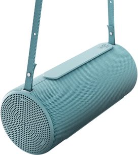 Przenośny głośnik Bluetooth Loewe We. HEAR 2 niebieski, cylindryczny format z paskiem do przenoszenia, widok perspektywiczny