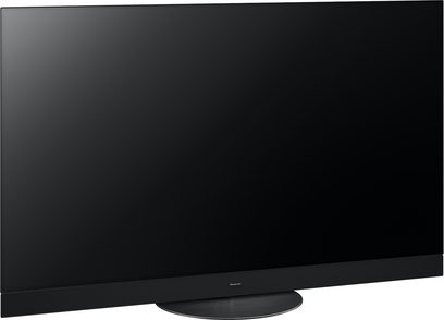 Televizor Panasonic TV-55Z95AEG s vysokým rozlišením, černá obrazovka, pohled ze tří čtvrtin, kruhový stojan, tenké rámečky