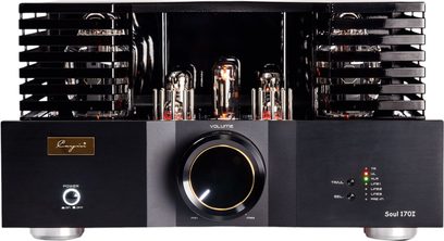 Cayin Soul 170i sort integreret stereo rørforstærker i børstet aluminium, set forfra, med stor cirkulær guldfarvet volumenkontrol, synlige glødende rør under perforerede sidegitre og flerfarvede indgangsindikatorer