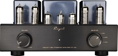 Cayin MT-12N EL84 sort integreret stereo rørforstærker, front i børstet aluminium set forfra med to store symmetriske runde knapper, centralt indikatorlys og en række vakuumrør foran tre metalafdækninger
