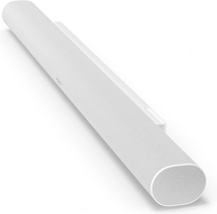 ARC Ultra lydplanke i matt hvit, perspektivvisning, avlang form, perforert grill, avrundet ende, glatt overflate