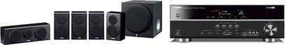 Yamaha YHT-398 hjemmebiograf-system bestående af 5 sorte højttalere, 1 sort subwoofer og 1 sort forstærker