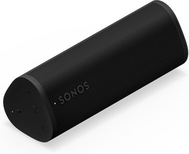 Sistem audio Bluetooth Sonos Roam 2 negru, prezentat în perspectivă, cu grilaj perforat și butoane de control pe lateral