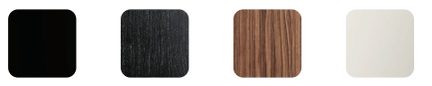 Campioni di finitura del mobile nero uniforme nero testurizzato effetto legno marrone venato e bianco sporco con angoli arrotondati
