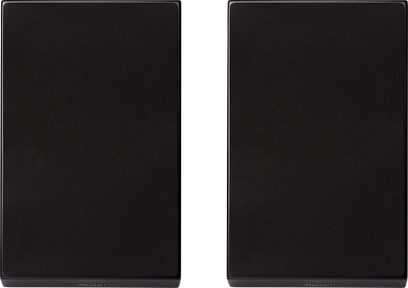 Dolby Atmos-højttalere Magnat ATM 202 sort satin, frontvisning, sorte rektangulære gitre, afrundede hjørner, synligt logo nederst