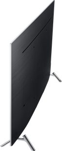 Samsung UE55TU7005-TV, vy från sidan, svart plattskärm, smal ram, V-formad metallstativ