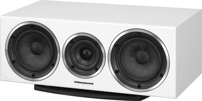 Balta centrinė garso kolonėlė Wharfedale Diamond 220C, 3 juodi garsiakalbiai, blizgus juodas pakreiptas pagrindas
