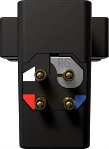 Ortofon VNL TRIX-Tonabnehmer, schwarze Kunststoff-Headshell, Rückansicht, vergoldete Pins, weiße rote blaue Markierungen, graue RG-Platte