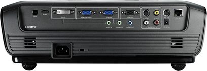 Optoma EW766 projektor, bagside, tilslutningsporte VGA, HDMI, lyd, USB, TV, strømforsyning, nærbillede
