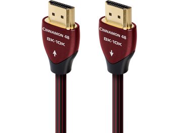 Δύο καλώδια HDMI Audioquest Cinnamon 48 8K-10K, με επιχρυσωμένους συνδέσμους, κόκκινη θήκη, σε λευκό φόντο, μπροστινή όψη