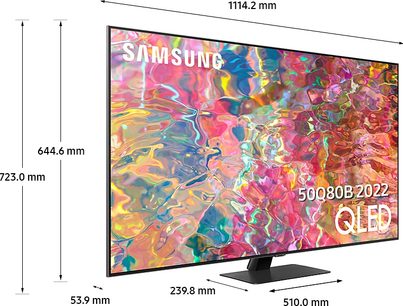 Samsung QE50Q80B 2022 QLED-fladskærms-TV, rektangulær fladskærm, set forfra, viser et farverigt abstrakt billede
