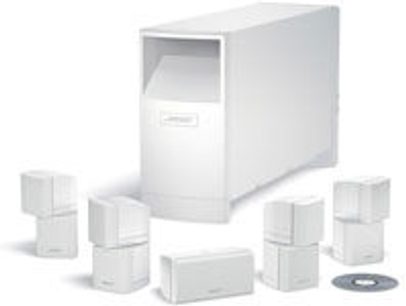 Pacchetto di diffusori compatti Bose Acoustimass 15 bianchi, vista esplosa degli 8 elementi cubici e del subwoofer