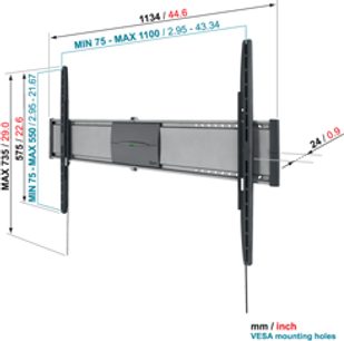 Sort vægmonteret TV-beslag i metal med ledarmede, dimensioner 1134 x 735 x 24 mm, reference NIN 76 - MAX 1100 / 2.95 - 43 24