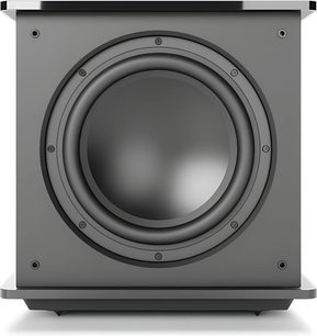 MartinLogan Grotto 12 subwoofer i sort lak, set forfra med stor cirkulær central højttaler