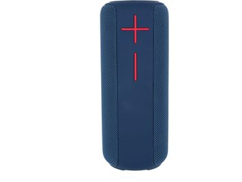 Enceinte bluetooth Yourban Getone 30 MK2, vista frontal, forma cilíndrica, tecido azul, botões vermelhos de mais e menos verticais