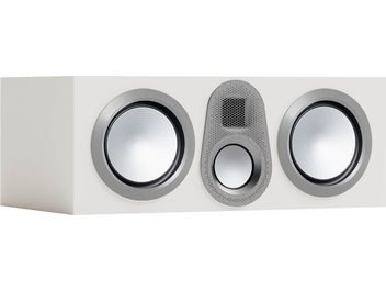 Monitor Audio Gold C250 6G centerhøjttaler i hvid satin, set forfra, 2 store cirkulære højttalere, 1 lille central
