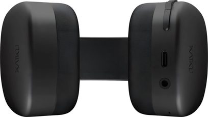 Fones de ouvido hi-fi Kaiku Wave em nogueira preta, vista inferior com porta USB-C e conector jack visíveis