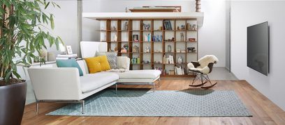 Modernes Wohnzimmer mit weißer Couch, beigem Sessel, Holzregalen voller Bücher und Dekorationsgegenständen sowie einem großen grauen Teppich