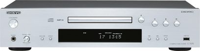 Onkyo C-7070 sidabrinės spalvos CD grotuvas, priekinė dalis su ekranu, mygtukais ir rankenėle, priekyje esantis USB prievadas ir ausinių lizdas