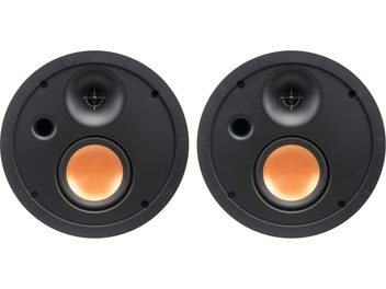 Sæt med 2 sorte Klipsch SLM-5400-C indbygningshøjttalere til loft med synlige kobberfarvede højttalere