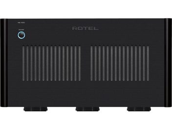 Amplificatore di potenza alta fedeltà Rotel RB-1590 nero, vista frontale, griglia di ventilazione centrale, pulsante circolare blu