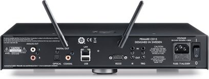 Leitor de CD Primare CD15 Prisma prata, vista frontal, painel frontal com conectores e controles, duas antenas Wi-Fi