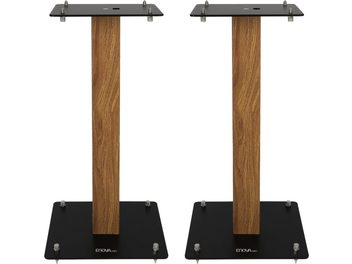 Enova HIFI MAJESTY 50 WD, Vorderansicht, zwei Lautsprecherständer, Holzoptik, schwarze Sockel und Ablagen, Metallbefestigungen