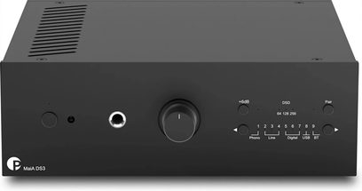 Pro-Ject MaiA DS3 black stereo integrated amplifier, front view, understated front panel with large central knob and headphone output